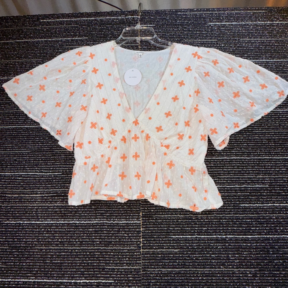 En Creme Peplum Top Womens L New White Orange Eyelet Flutter Sleeve Blouse
